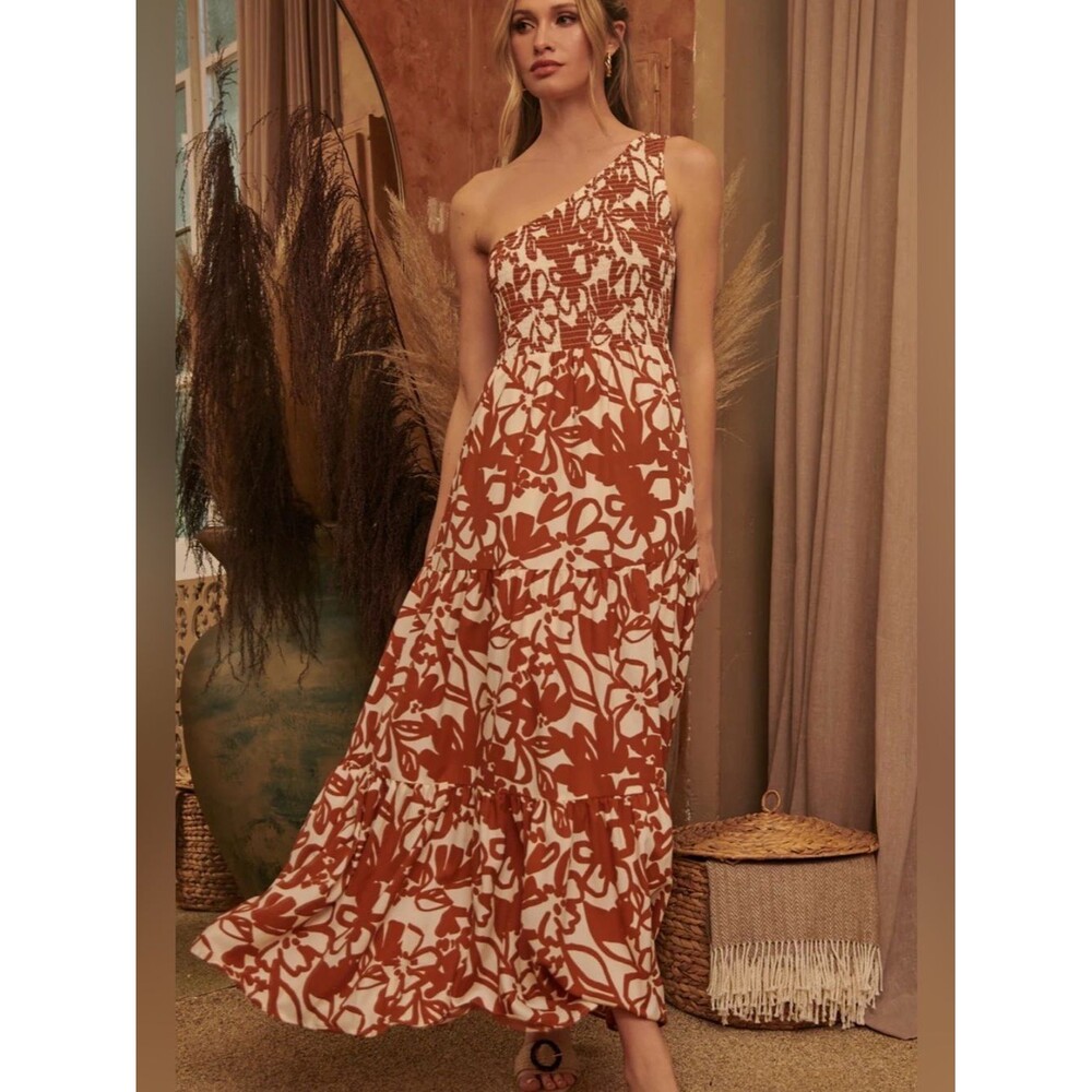 Sugarlips Marida Caramel Floral Smocked One Shoulder Lys Maxi Dress size small